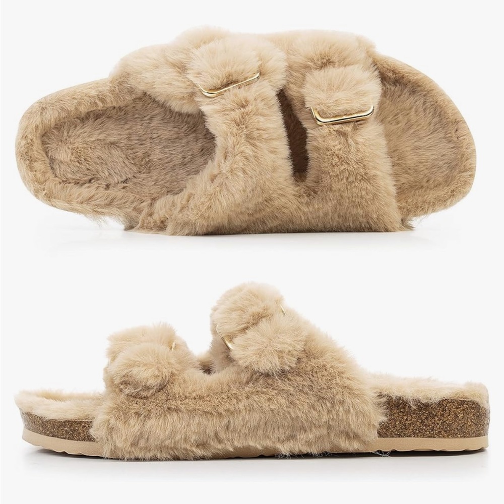 NEW ~ FITORY Women’s Tan/Beige Faux Rabbit Fur Cork Slide Sandals ~ size 8.5 - Picture 2 of 8